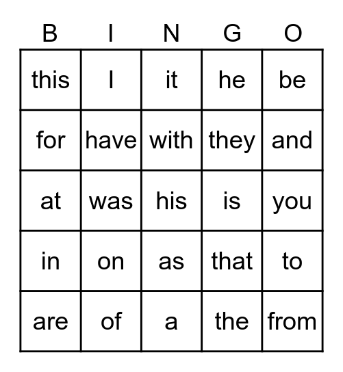 Sight Words #1-25 Bingo Card