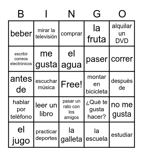 ¿Què te gusta hacer? (what do you like to do) Bingo Card