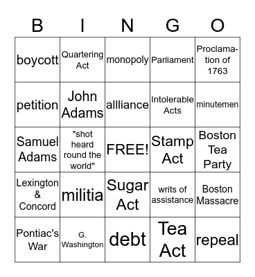 Causes of the American Revolution Bingo Card