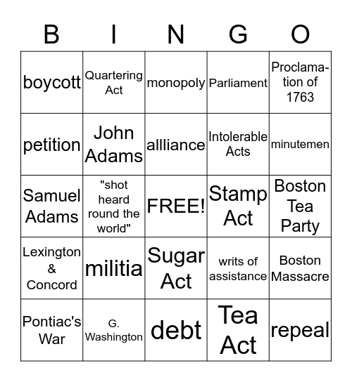 Causes of the American Revolution Bingo Card