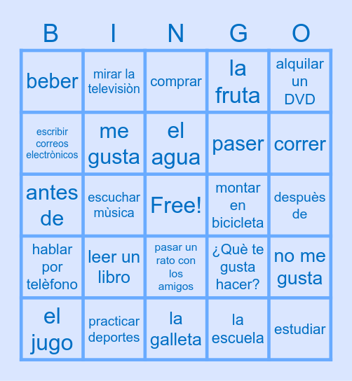 ¿Què te gusta hacer? (what do you like to do) Bingo Card