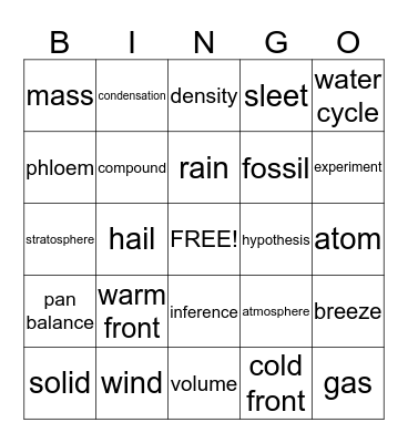 Science Vocabulary Bingo Card