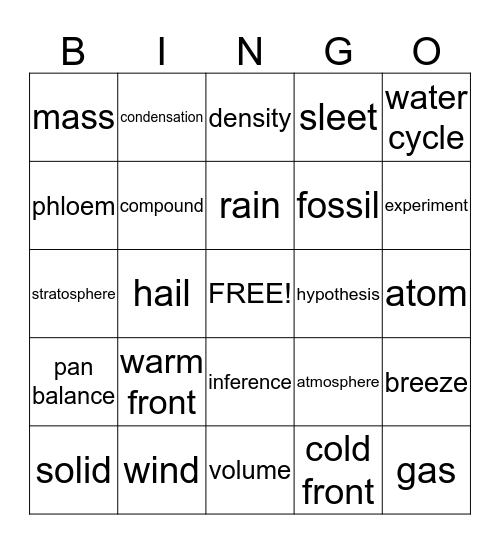 Science Vocabulary Bingo Card