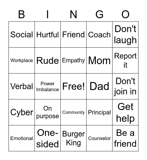 Bullying Prevention Bingo Card