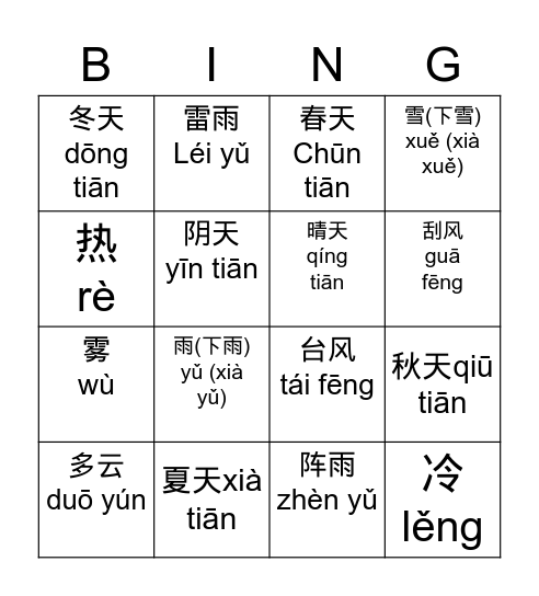 天气 Bingo Card