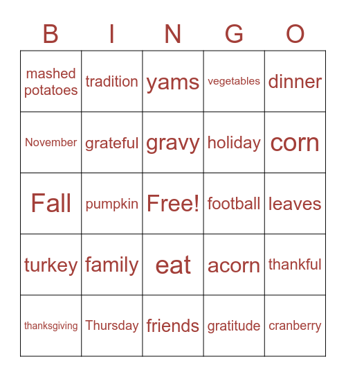 Thanksgivings Bingo Card