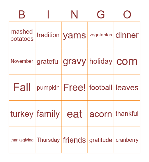 Thanksgivings Bingo Card
