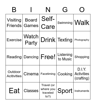 Social Activities Bingo Card