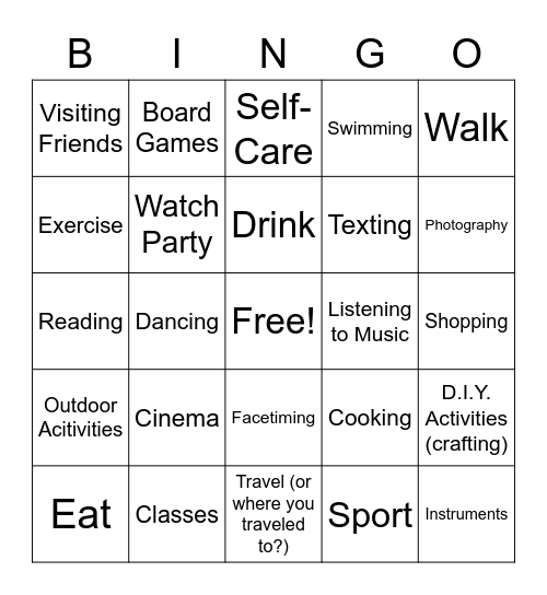 Social Activities Bingo Card
