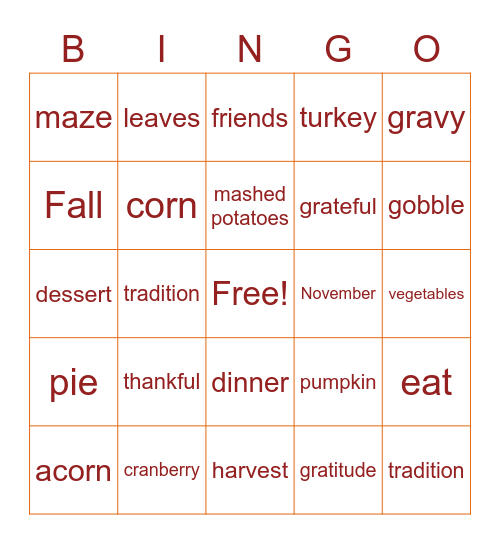 Thanksgivings Bingo Card