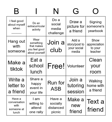 Teenager activities Bingo Card