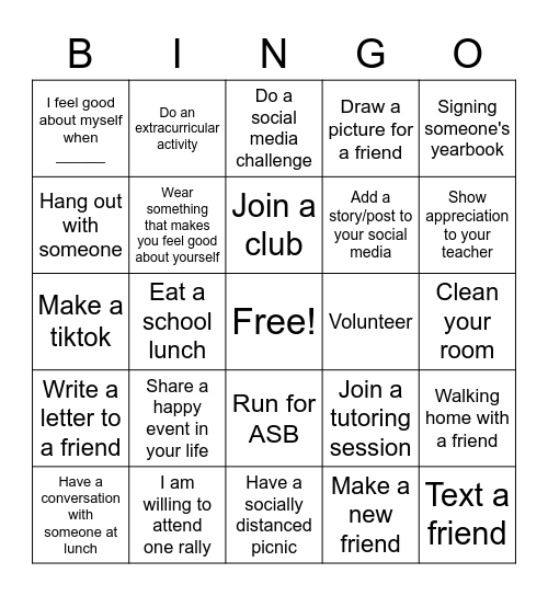 Teenager activities Bingo Card