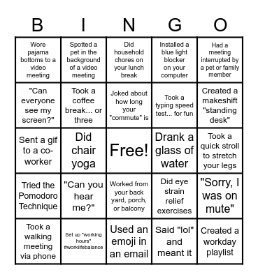 Remote Work Bingo Card