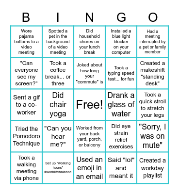 Remote Work Bingo Card