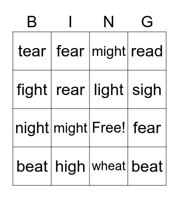 -igh words and -ea words Bingo Card