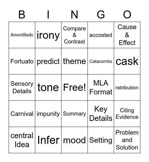 The Cask of Amontillado Bingo Card