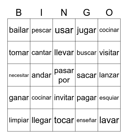 Verbos -ar Bingo Card