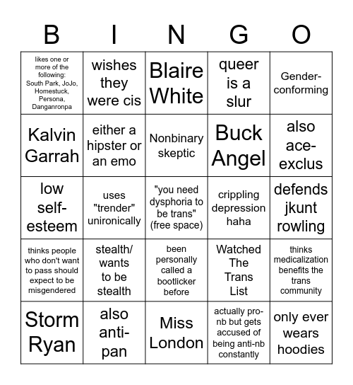 Transmed Stereotype Bingo Card