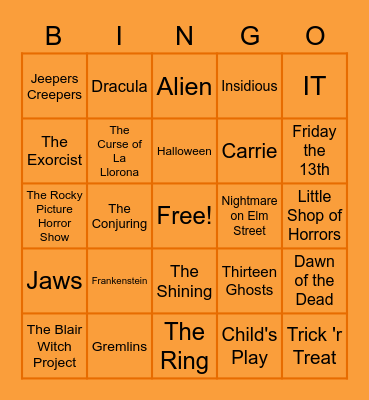 Scary Movie Bingo Card