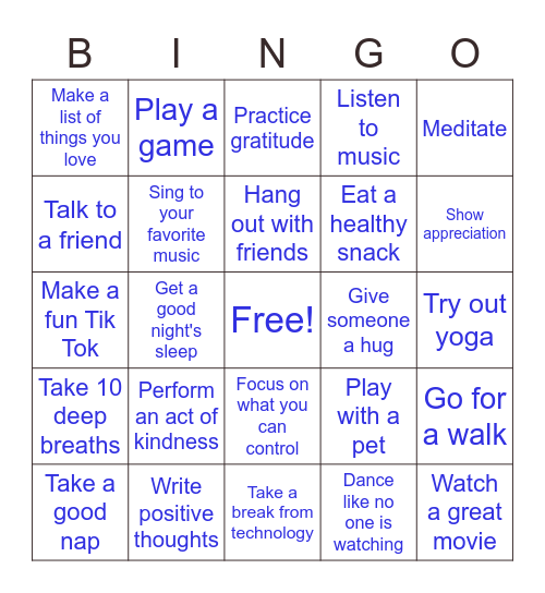 Stress Management Bingo Card