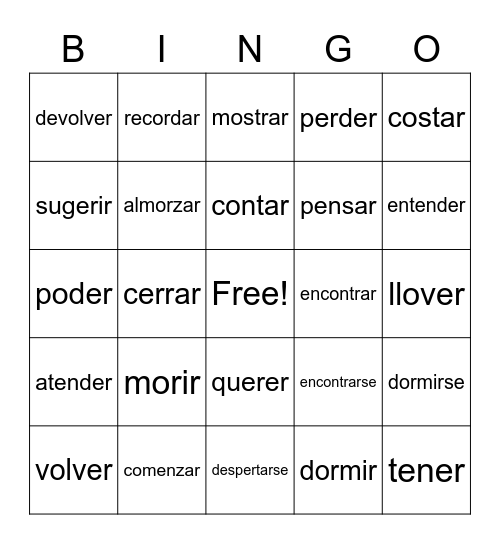 2A /3R o-ue and e-ie stem-changing verbs Bingo Card