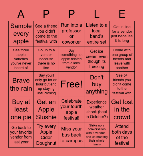 Apple Festival Bingo Card