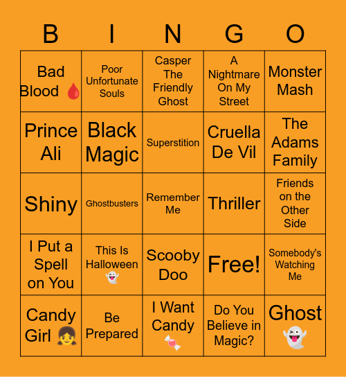 Halloween Music Bingo Card