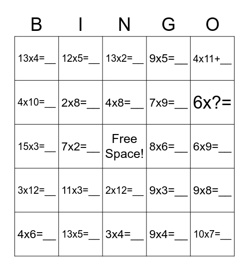 Multiplication Bingo Card