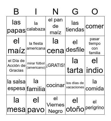 Bingo del DIA de ACCION de GRACIAS Bingo Card