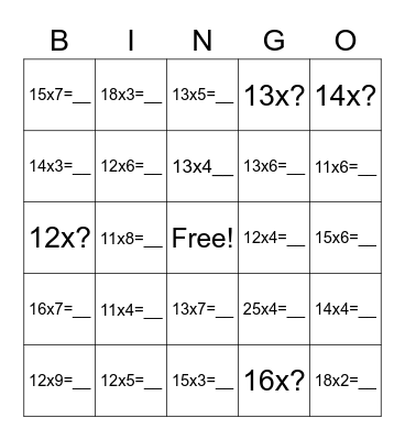 Multiplication Bingo Card