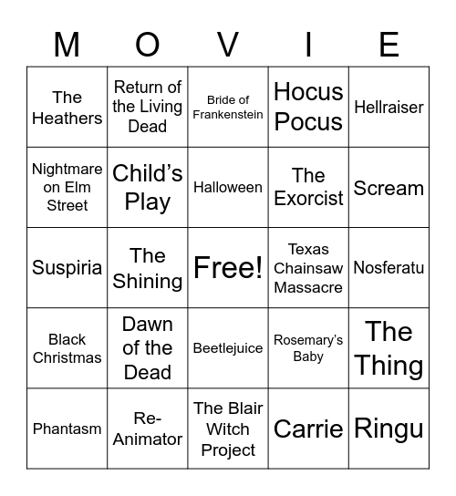 Movie Mayhem Bingo Card