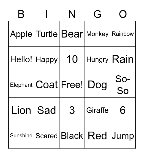 Elementary ASL Bingo Card
