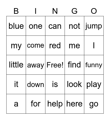 Pre-Primer Bingo Card