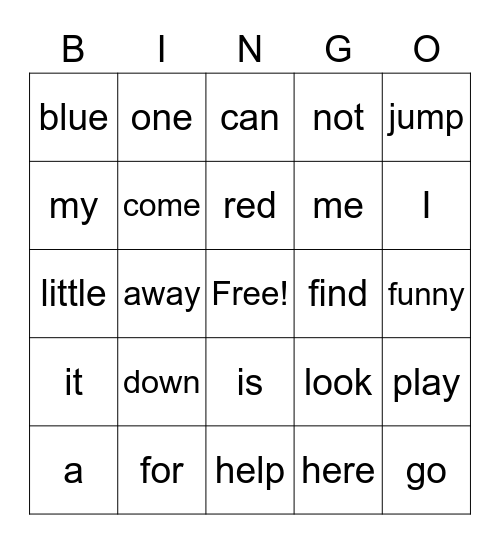 Pre-Primer Bingo Card