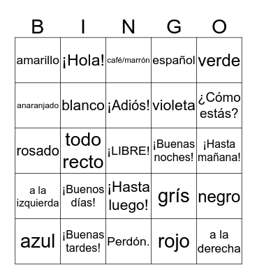 Exploratory Spanish Vocabulary Bingo Card