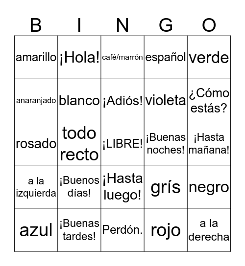 Exploratory Spanish Vocabulary Bingo Card