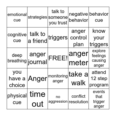 Anger Management Bingo Card