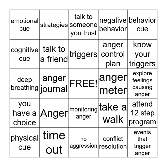 Anger Management Bingo Card