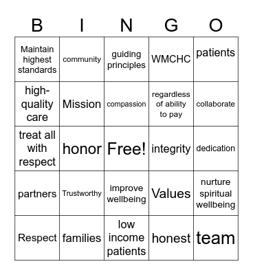 Mission and Value Bingo Card