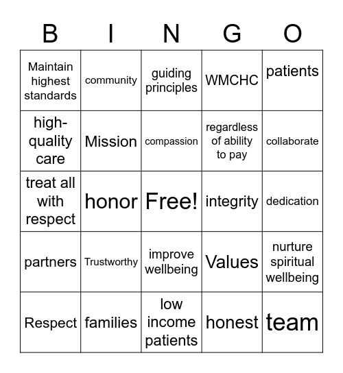 Mission and Value Bingo Card