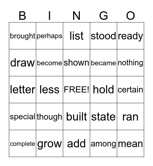 High Frequency D1 Bingo Card