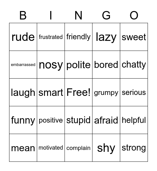 Personal Qualities Bingo Card