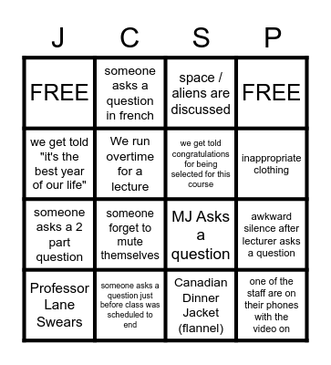 JCSP 47 Bingo Card