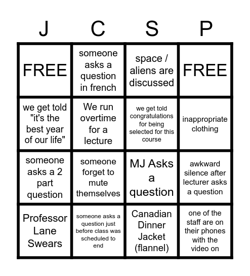 JCSP 47 Bingo Card