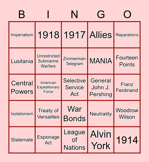 World War I Bingo Card