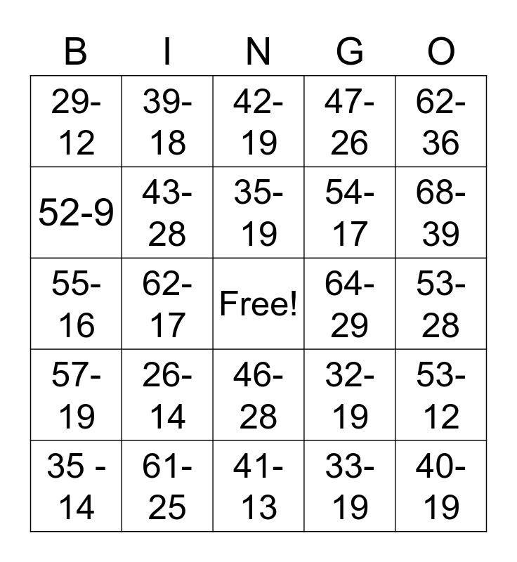5.2 Break Apart Numbers to Subtract Bingo Card