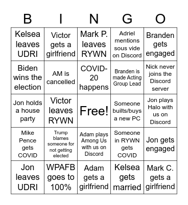 2020 UDRI/RYWN Bingo Card