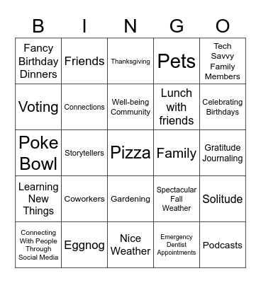 GRATEFULNESS BINGO Card
