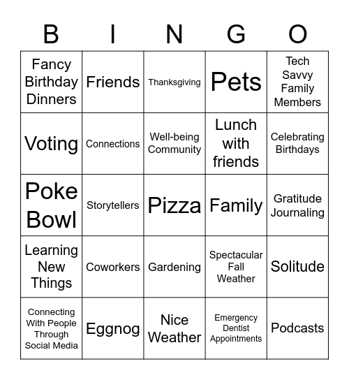 GRATEFULNESS BINGO Card