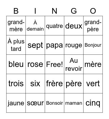 French Language Bingo Card